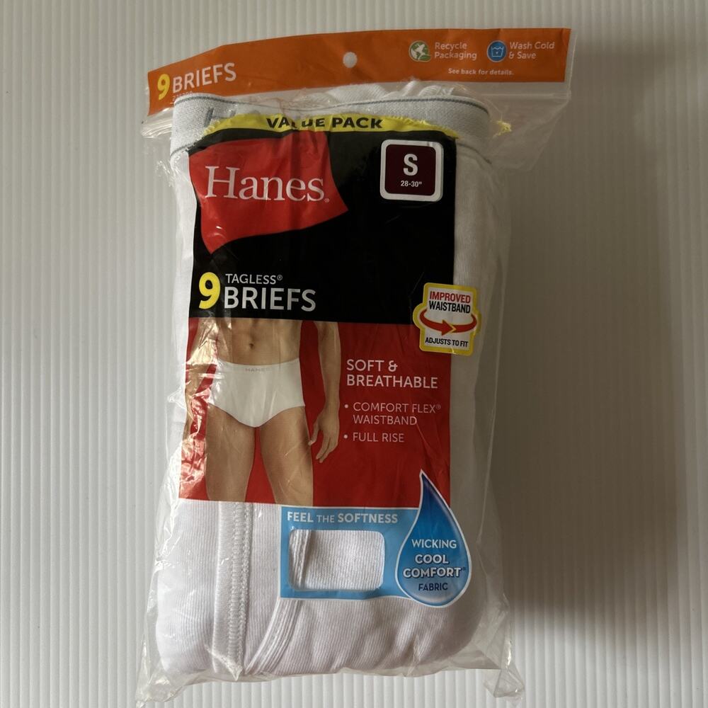 Men's Hanes Underwear 9 Tagless Briefs Small 28/30 White Cotton Soft Wicking NEW